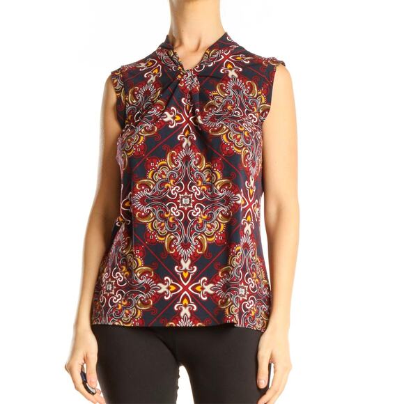 [Tommy Hilfiger] Navy Scroll Scarf Print Knot Neck Sleeveless Blouse Sz Large L - Picture 11 of 11